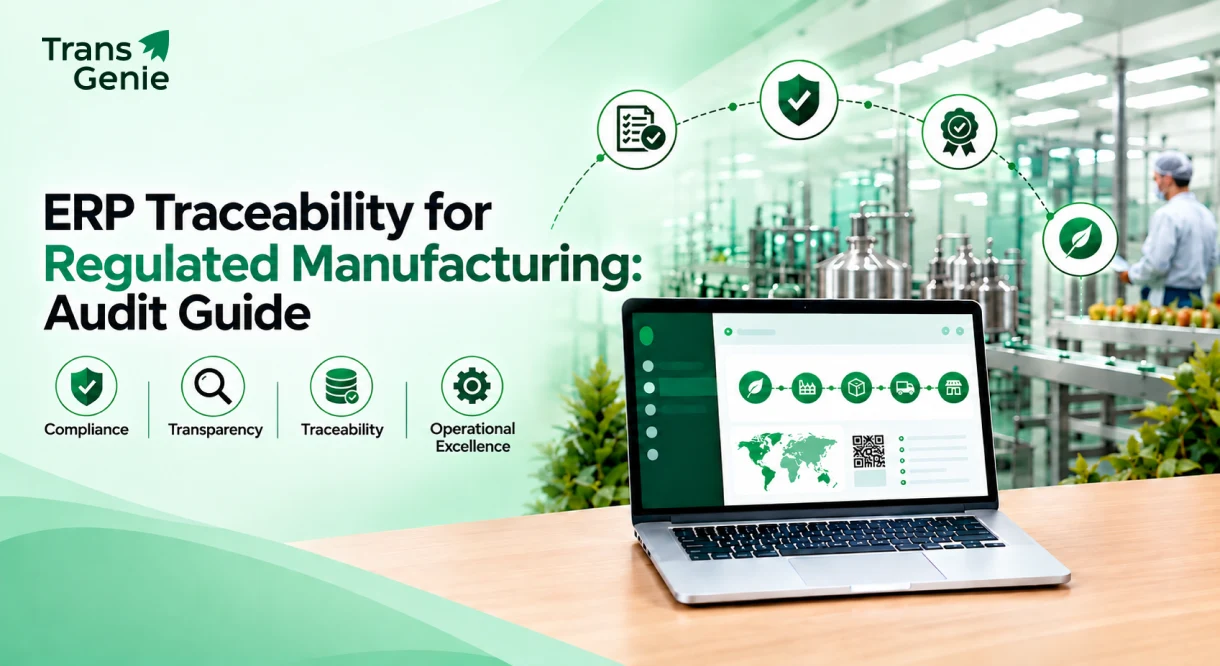 ERP traceability audit guide for regulated manufacturing showing compliance checklist, ISO standards, and digital tracking dashboard