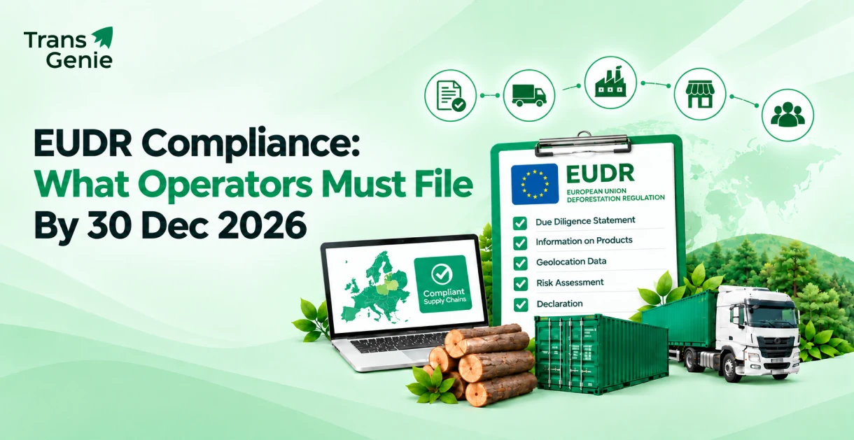 EUDR compliance infographic showing due diligence checklist, geolocation tracking, and timber supply chain filing