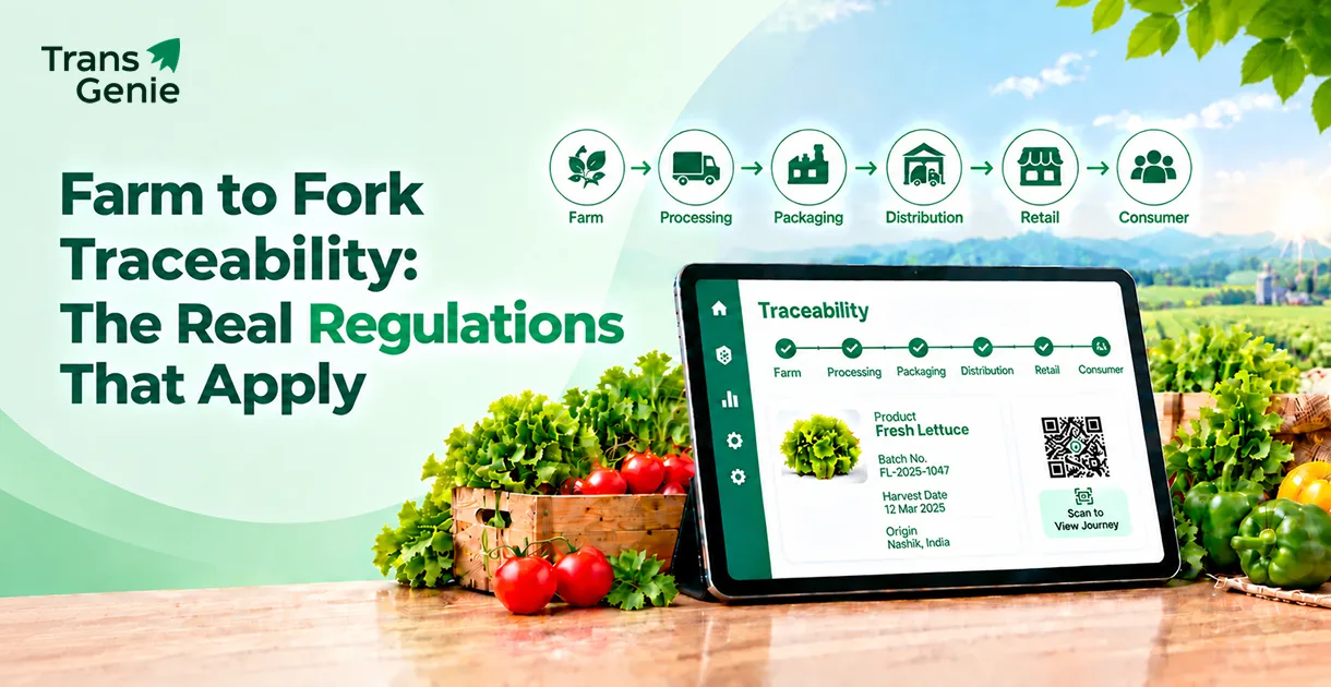 Farm to fork food traceability regulations, EU Article 18, FSMA 204, and supply chain record-keeping infographic