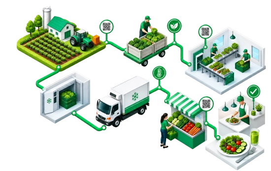 Farm traceability software connecting farming, processing, transportation, retail, and food delivery