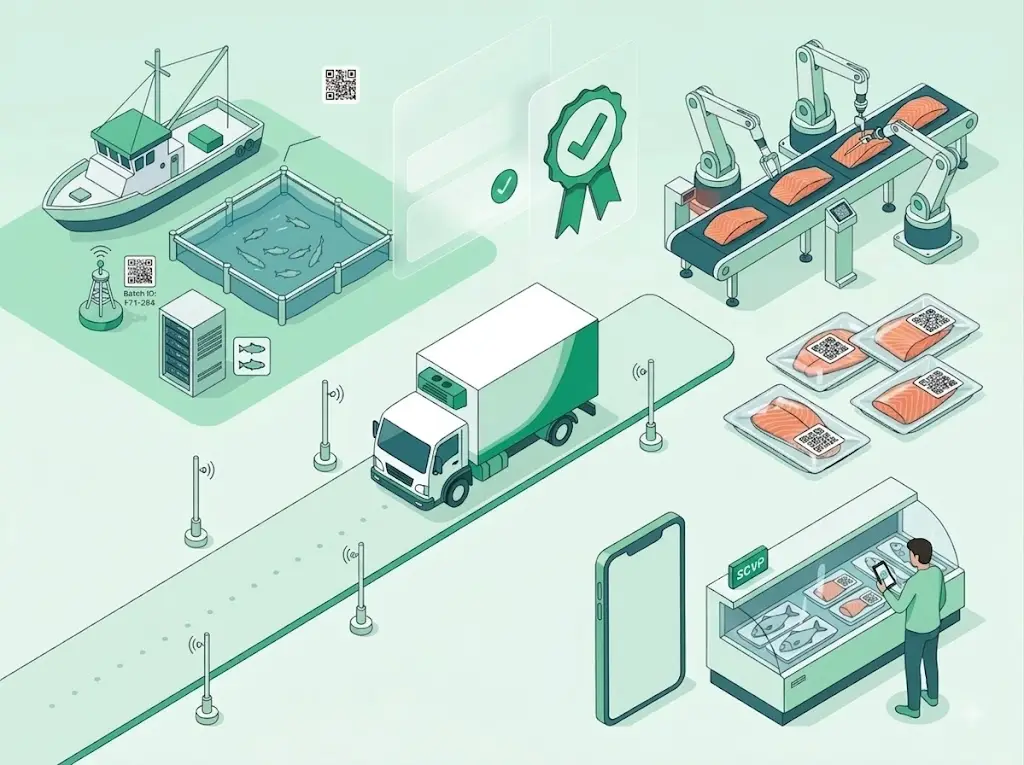 Fish traceability software dashboard showing connected seafood supply chain tracking