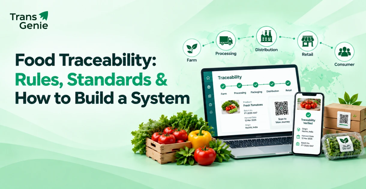 Food traceability system dashboard and mobile app tracking farm-to-consumer supply chain with QR codes and fresh produce packaging