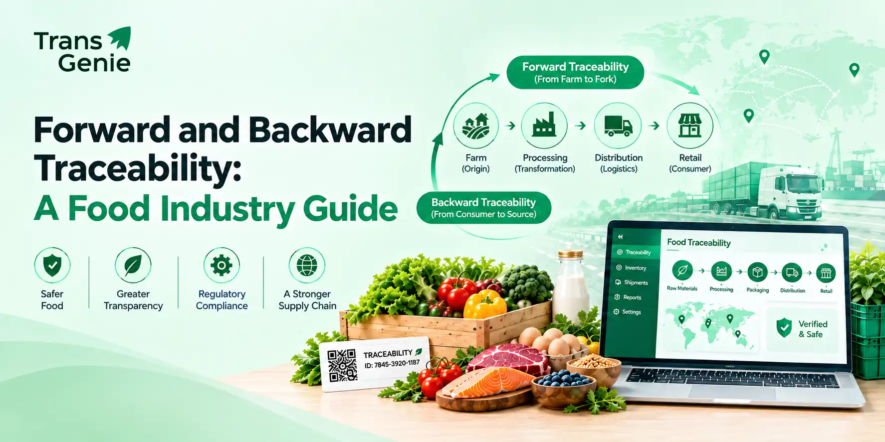 Forward and backward traceability in food manufacturing diagram showing upstream ingredient sourcing and downstream distribution