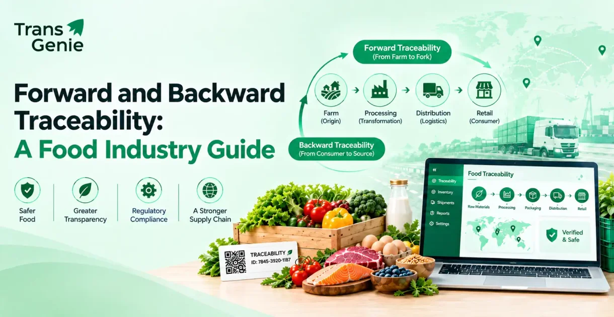 Forward and backward traceability in food manufacturing diagram showing upstream ingredient sourcing and downstream distribution