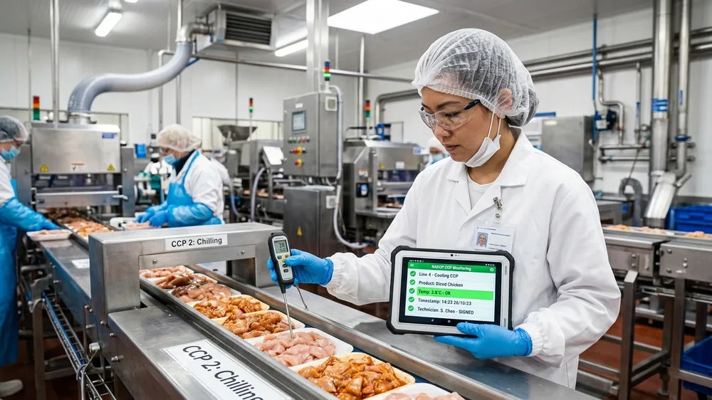 Quality Assurance Technician Performing Live HACCP Critical Control Point Inspection on Food Line