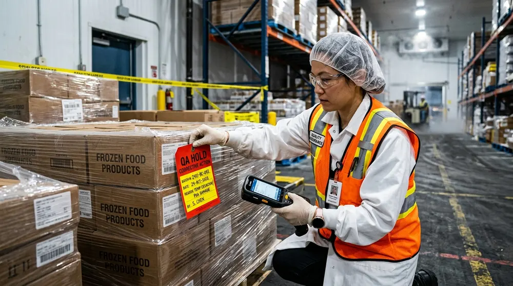 Food Safety Supervisor Tagging Batch with QA Hold Corrective Action Tag and Barcode Scanner