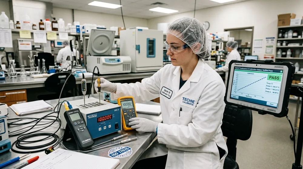 Calibration Technician Testing Digital Temperature Probes in Food Safety QA Lab