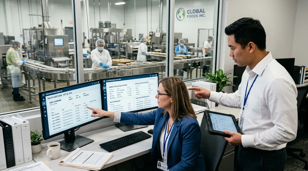 Food Safety Compliance Team Reviewing Digital HACCP Records on Workstation