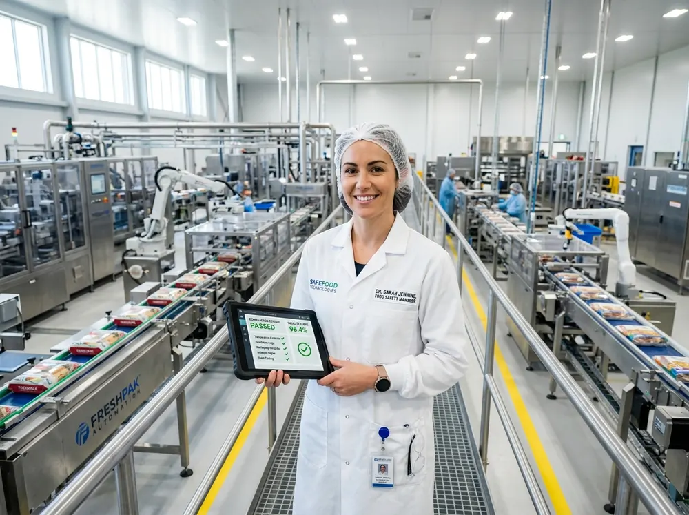 Quality Assurance Manager Reviewing HACCP Food Safety Compliance on Tablet
