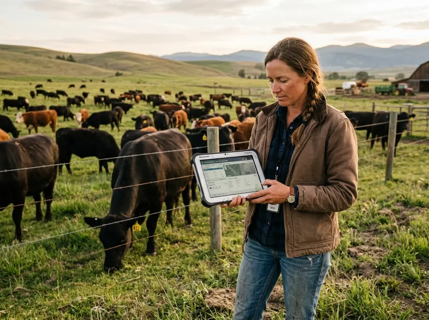Modern livestock rancher managing herd traceability data in pasture