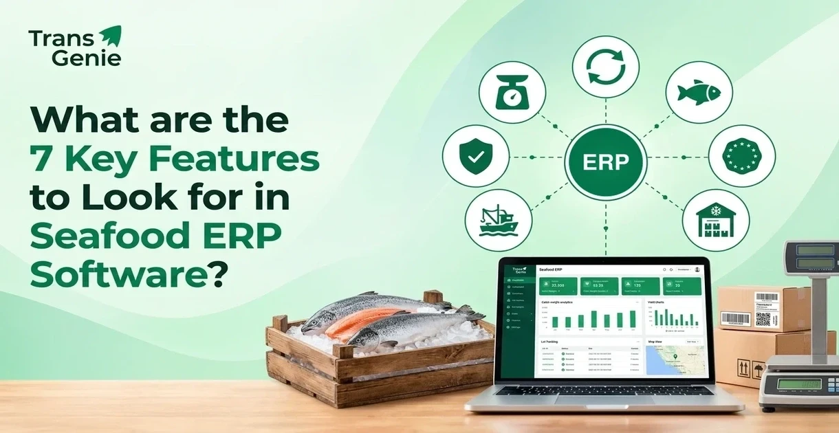 Seafood ERP software key features infographic showing catch weight tracking, yield management, FAO species coding, and traceability dashboard
