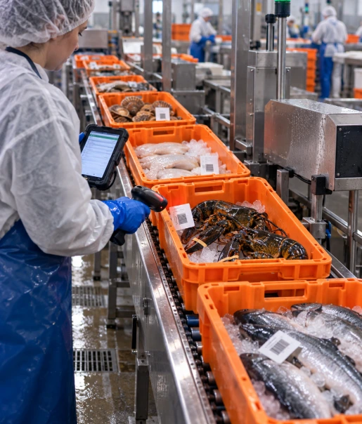 Seafood moving through a processing facility in orange bins