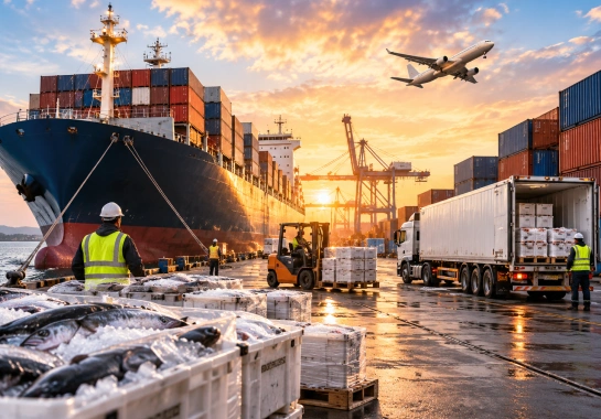 Global seafood export logistics, cargo vessel, plane, and containers at port