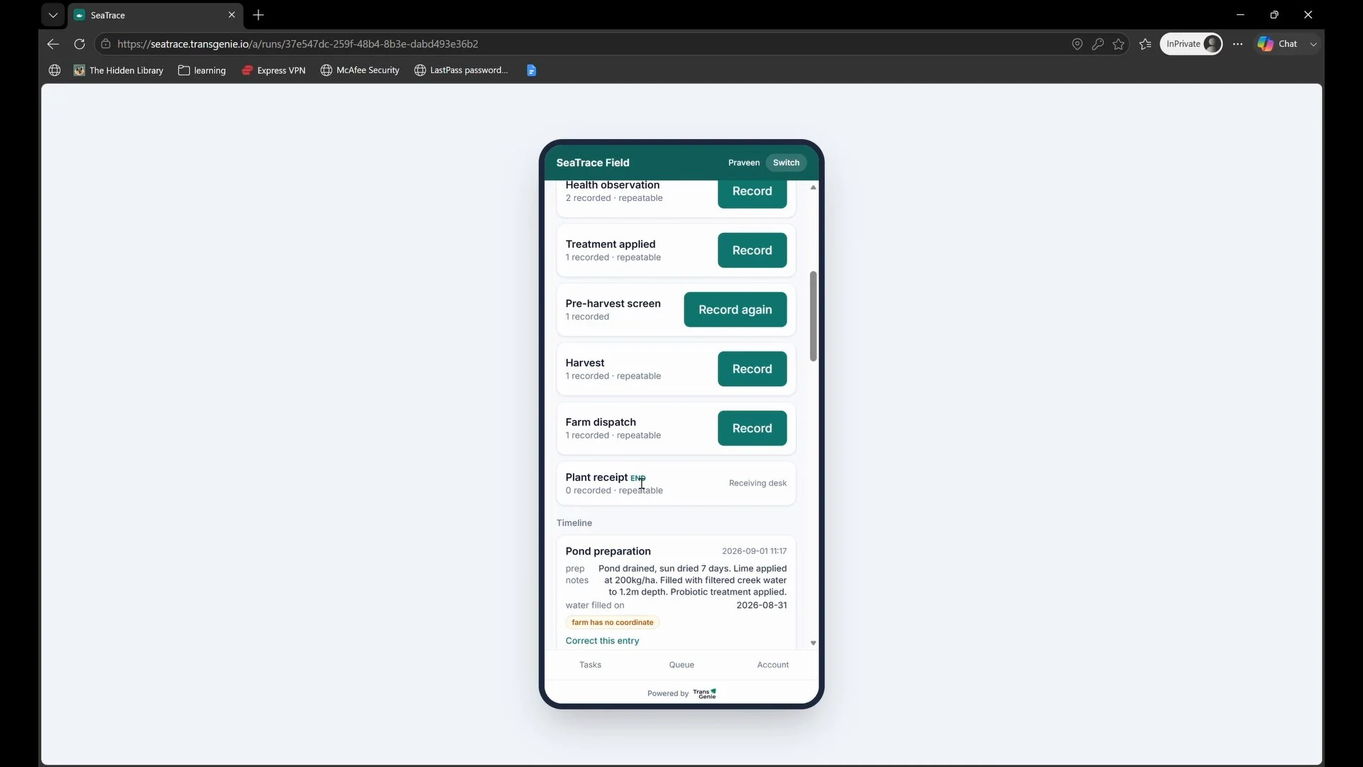 TransGenie Seafood Traceability Software - Field Timeline Interface