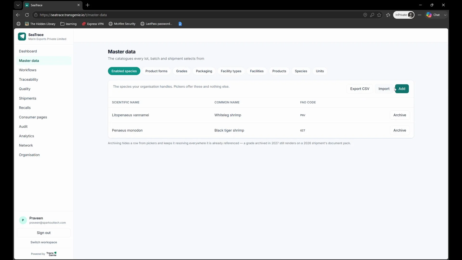 TransGenie Seafood Traceability Software - Master Data Interface