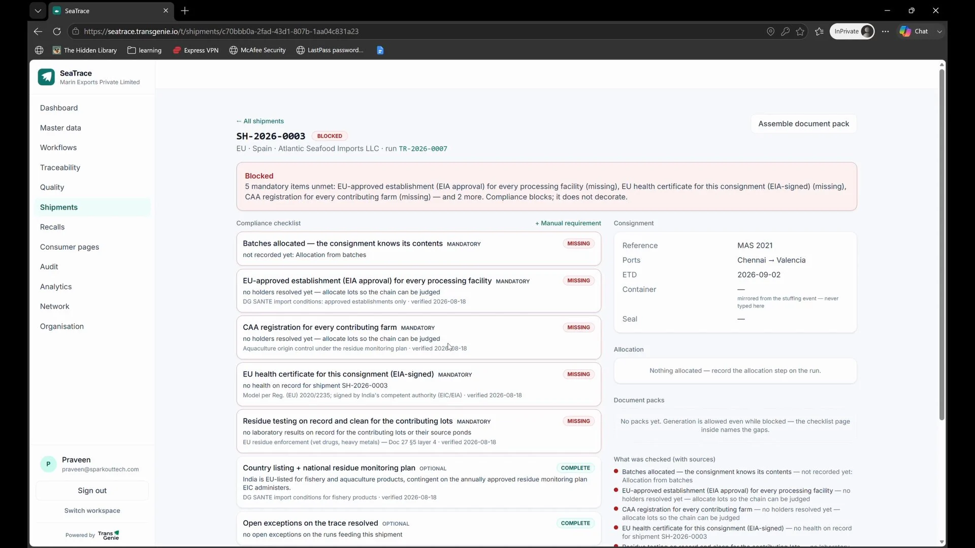 TransGenie Seafood Traceability Software - Shipment Compliance Interface